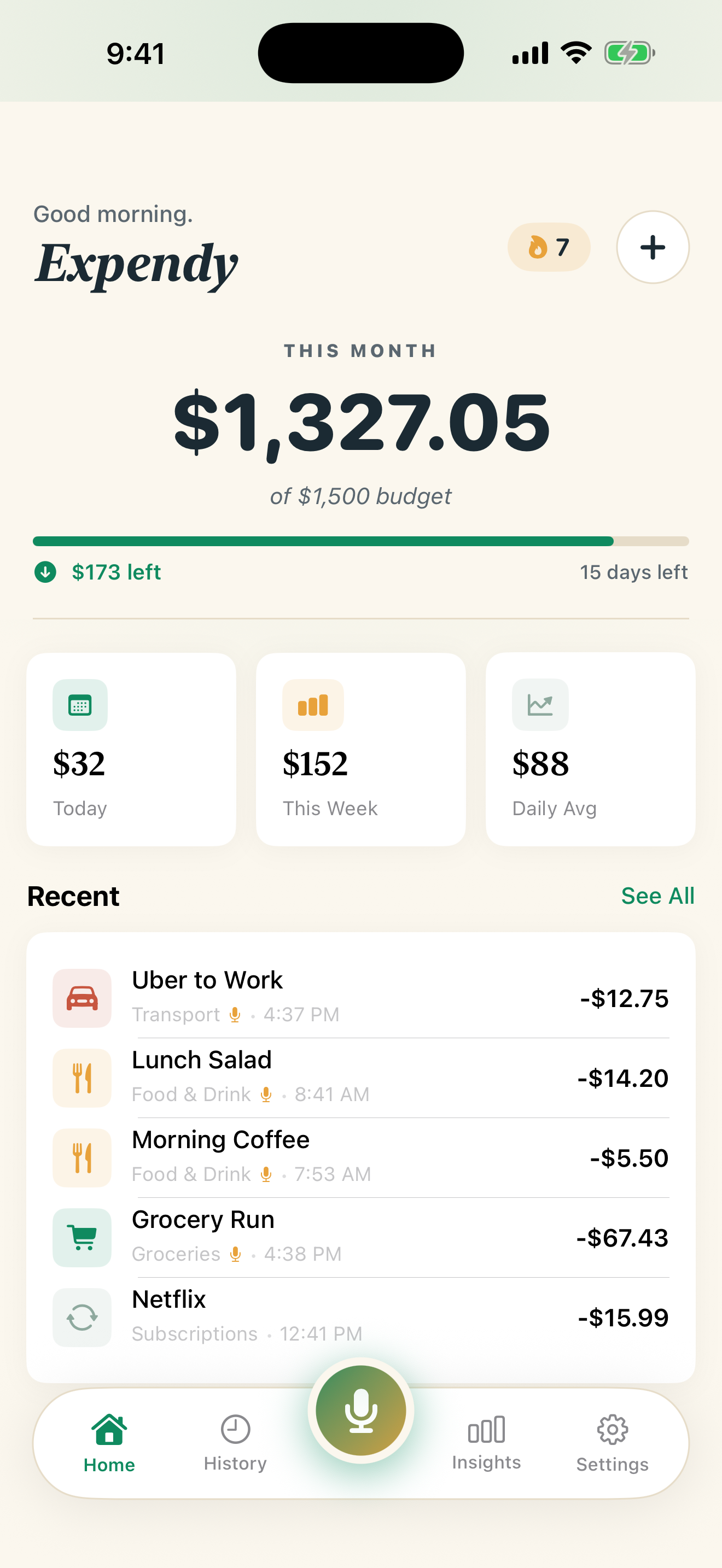 Expendy home screen with a gradient header showing $18.25 of $1500 monthly budget, recent expenses, and an Add with Voice button at the bottom