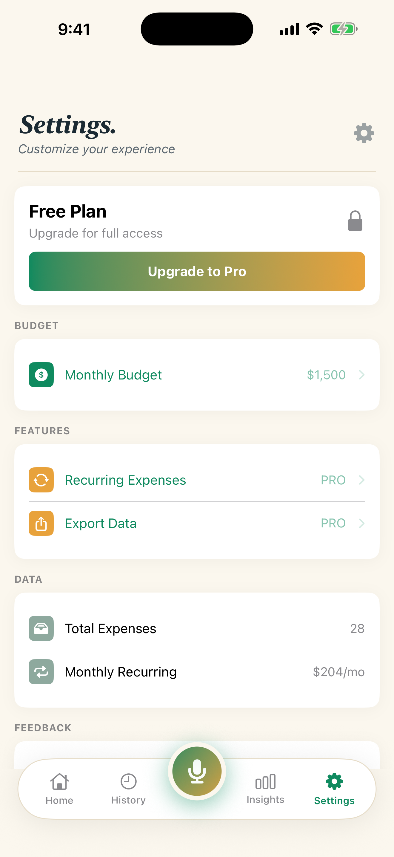 Expendy Settings showing Free Plan and Upgrade to Pro option with Pro features list